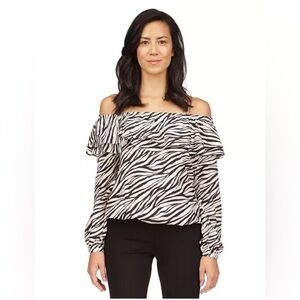 NEW…Michael Kors Women's Printed Stadium Ruffled-Overlay Off-The-Shoulder Top